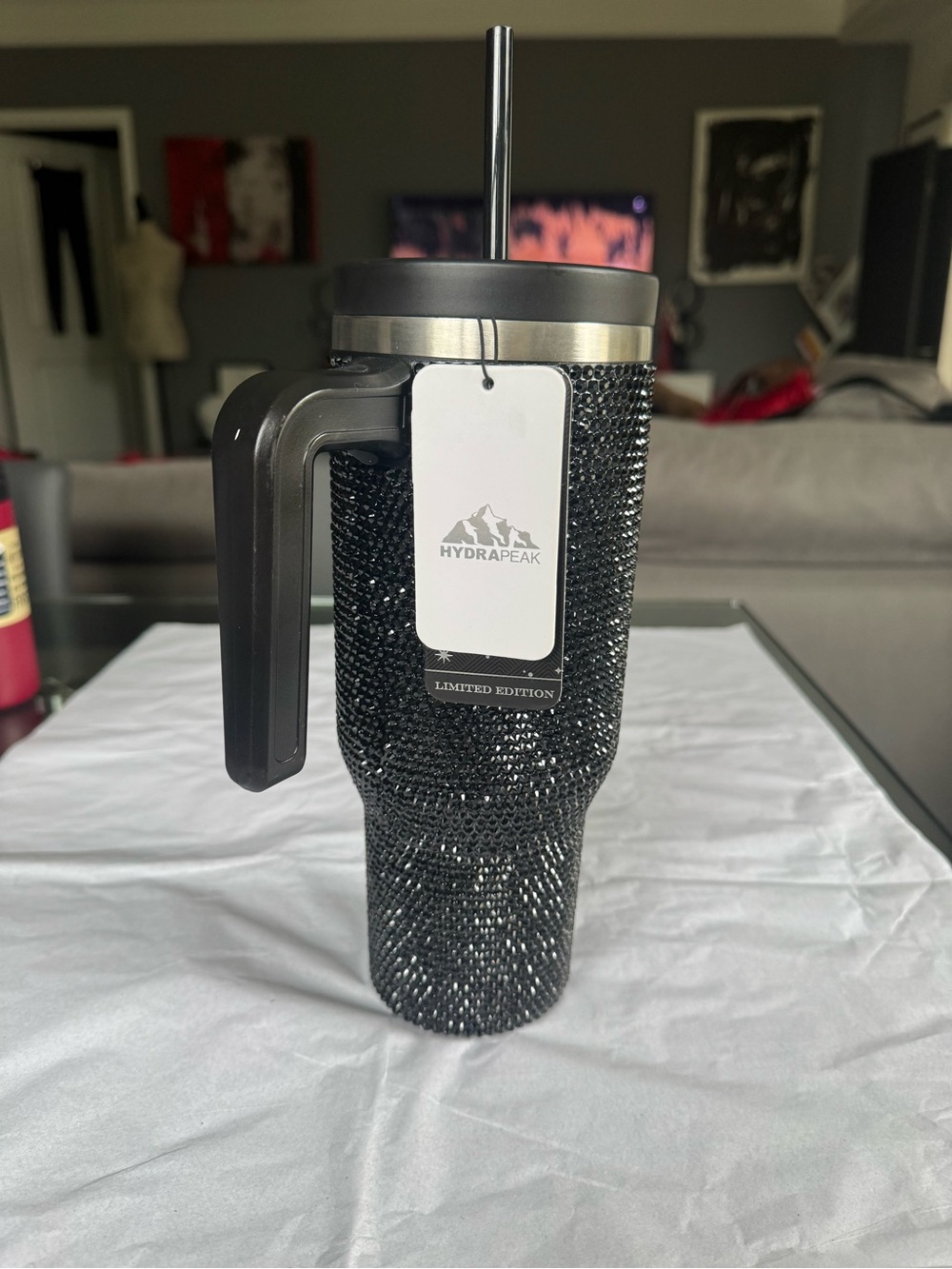 New! HydraPeak Black 40oz Blinged-Out Tumbler with Straw. Limited Edition!